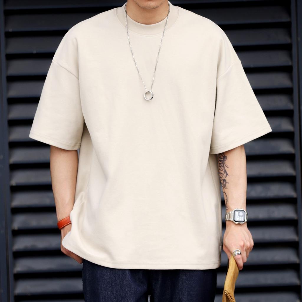 Heavy Small Neckline Short-sleeved T-shirt Men's Loose Summer Casual Solid Color Anti-wrinkle Large Size T-shirt