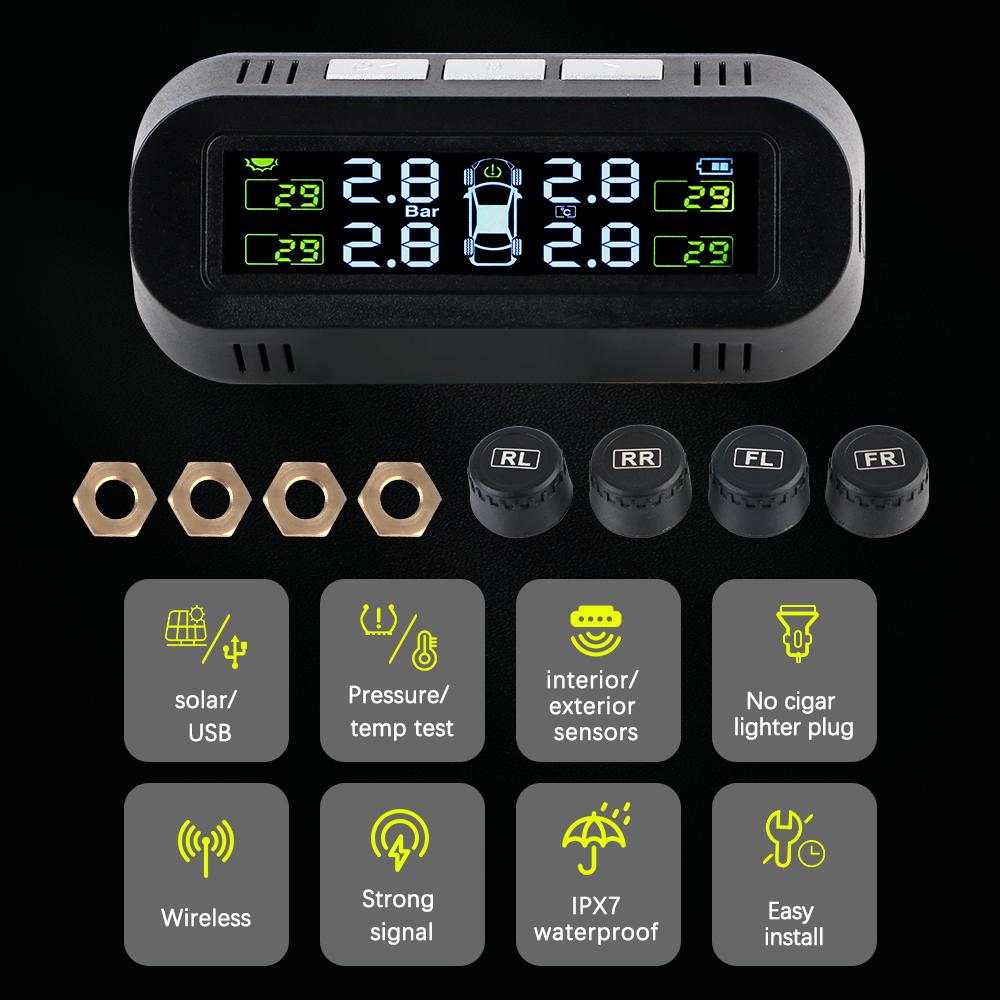 4 Exteral Sensors Solar TPMS Car Tire Pressure Monitoring System Digital LCD Display Auto Tyre Tester Security Alarm Accessories