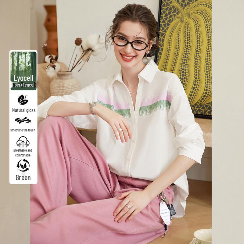 Women s Lyocell Blend Embroidered Contrast Shirt M