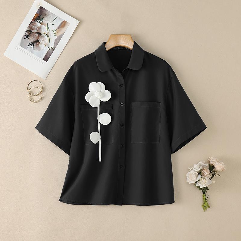 ZANZEA Women Casual Turn Down Collar Loose 3D Flowers Summer Half Sleeve Blouse M чёрный