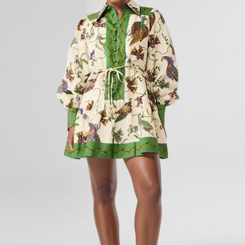 Frühling Herbst Cartoon-Print elegante Partykleider für Damen Mode Umlegekragen Langarm Gürtel Damen Mini-Kleid Lässiges figurbetontes Kleid