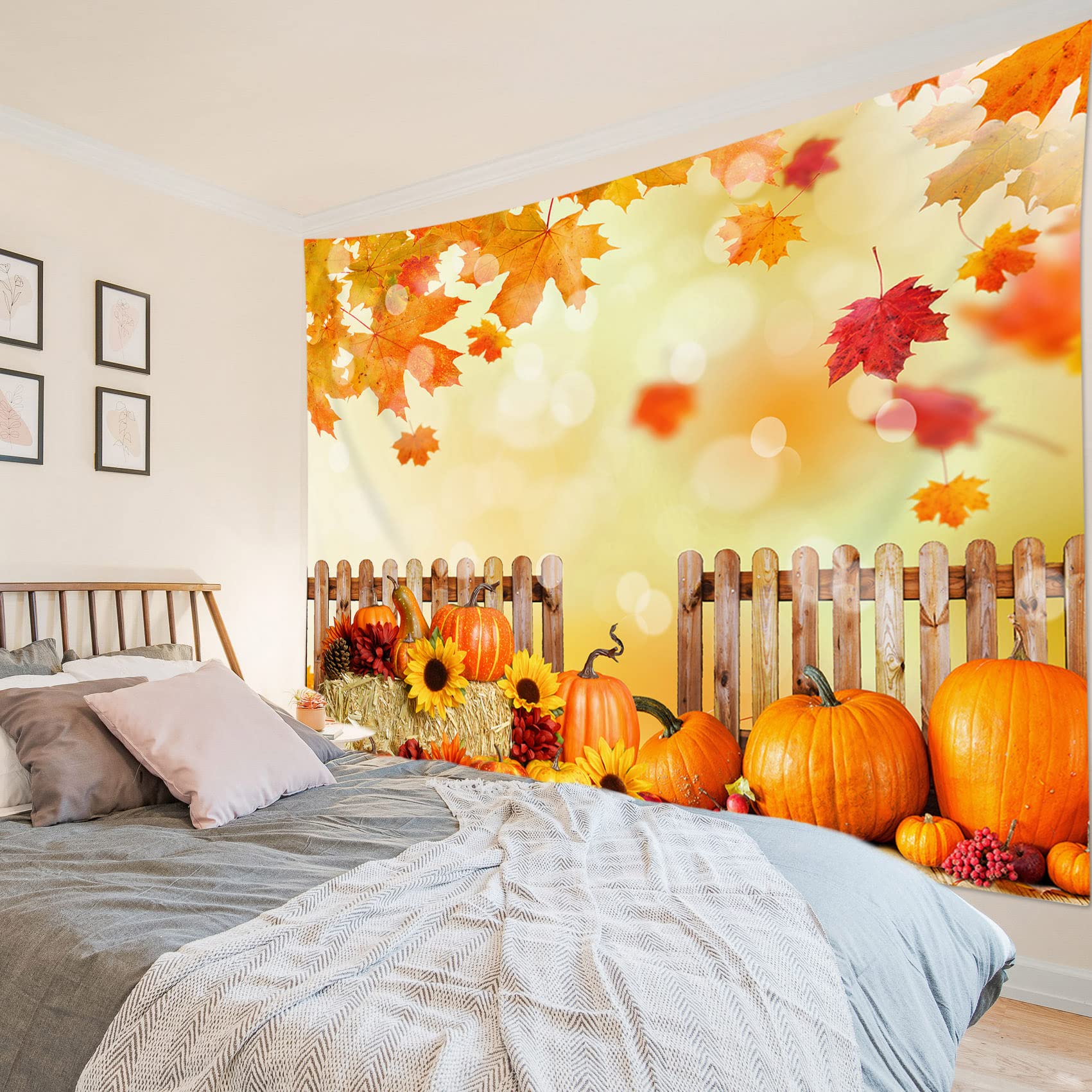 

Осенний гобелен, настенный гобелен с тыквами и кленовыми листьями в деревенском стиле, гобелен на День Благодарения, полная луна и вороны, гобелен на Хэллоуин 230x150cm