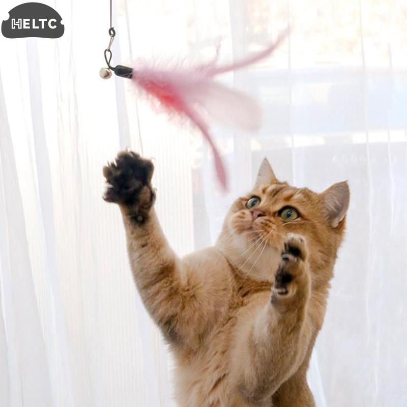 Spring Teasing Cat Stick Long Pole Cat Teaser Stick Toy Feather Funny Simulation Fishing Rod Bell Squeaky Cat Toy