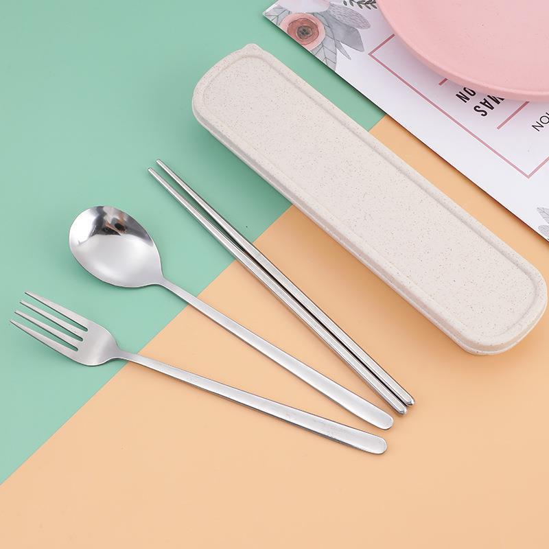 Stainless steel portable chopsticks and spoon set for students and office workers, single-person outdoor travel cutlery set with storage box