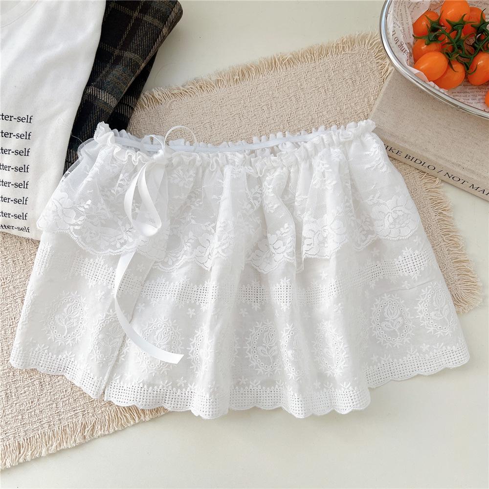 White Floral Ballet Lace Mesh Half Skirt - Women's Spring/Autumn Korean Style