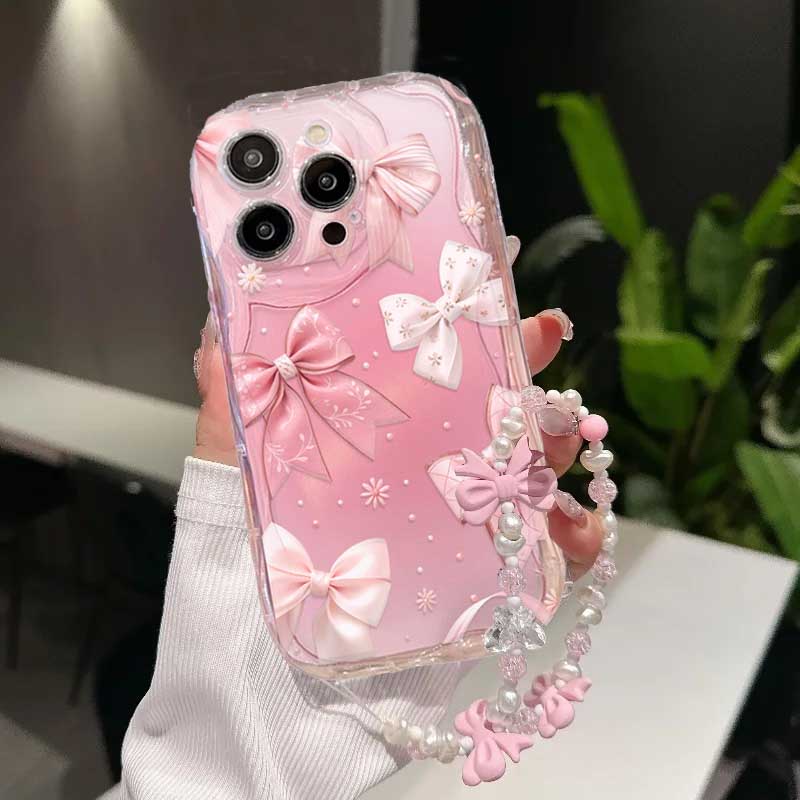 Phone Case For IPhone 17 Air 16 15 14 13 Pro Max Plus 11 12 13 Mini X 7 8 IPhone17 Luxury Cartoon Bow Bracelet Chain Cover Funda