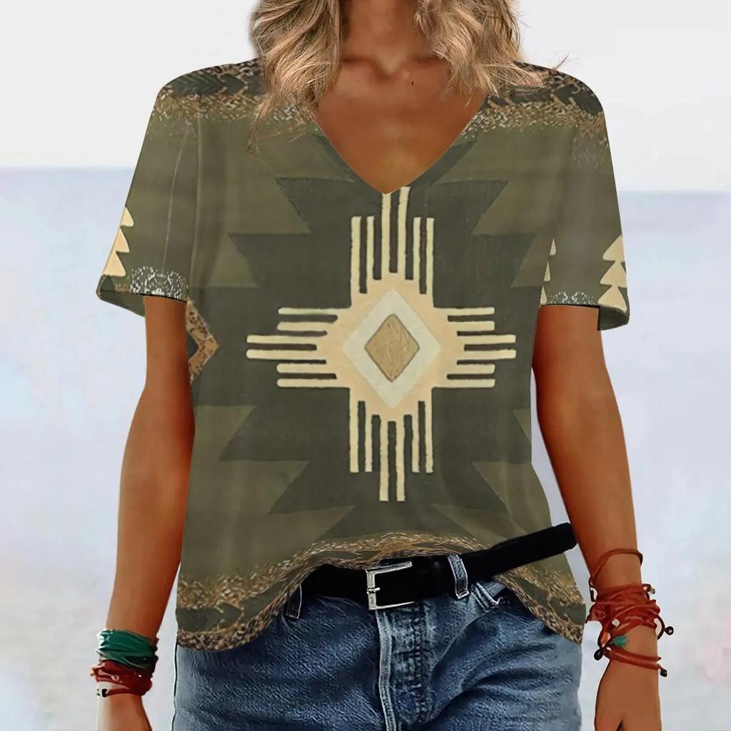 Short Sleeved V-neck Summer Ethnic Style Print Design Casual Women's T-shirts