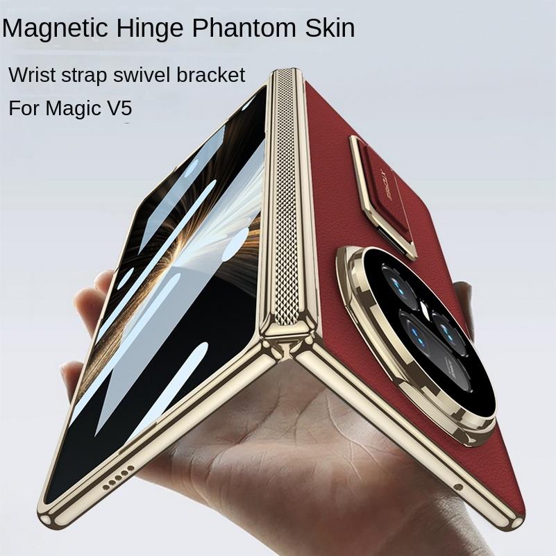 Adjustable Wristband Holder Plated Gold Frame Leather Hinge Case for Honor Magic V5 with Glass Film Lens Protect Cover