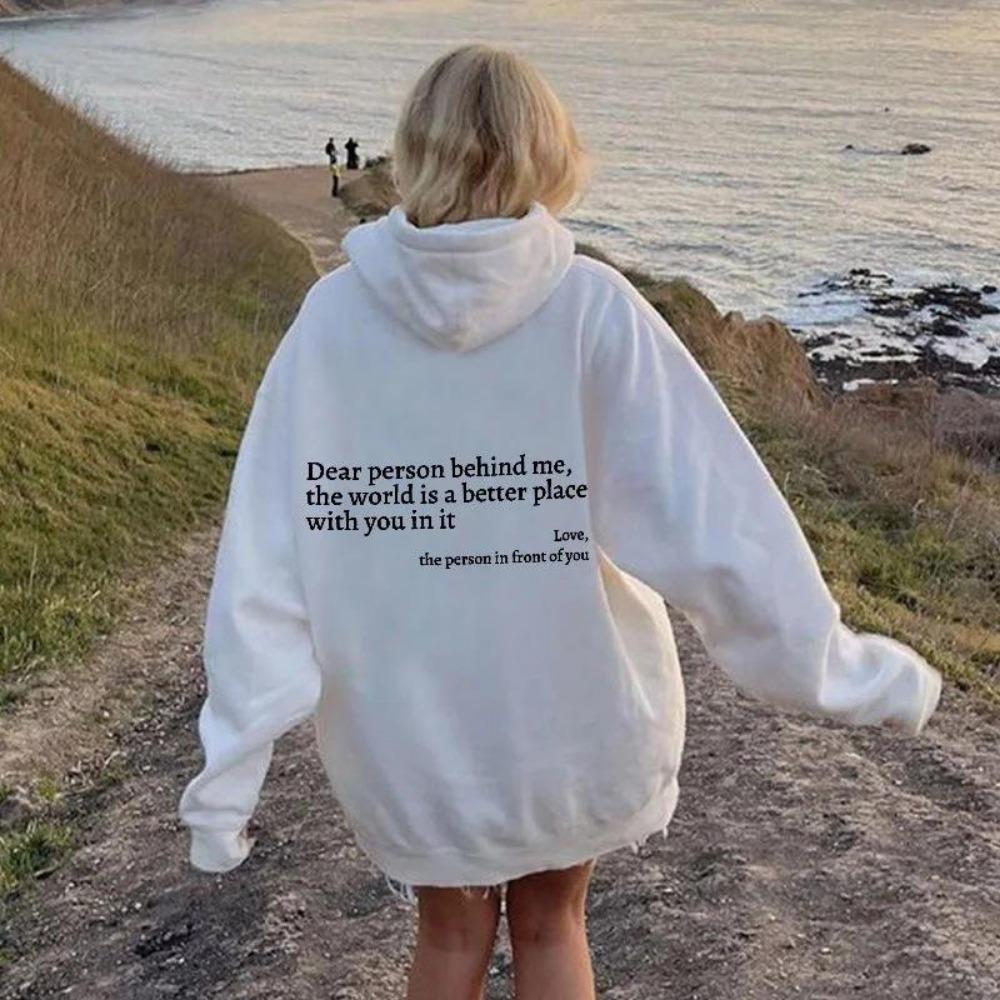 Women'S Shoulder Sleeve Fleece Sweater Plain Letter Print Kangaroo Pocket Drawstring Print Hoodie
