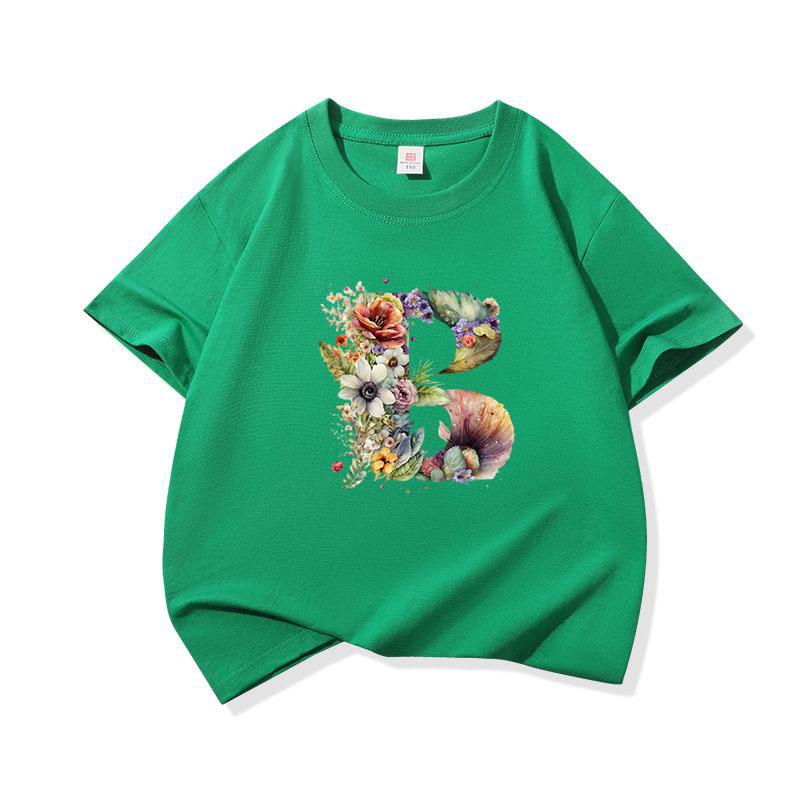 Kids Cotton T Shirt Floral Letter B Print Crew Neck Short Sleeve Tee Casual Boys Girls Summer Tops