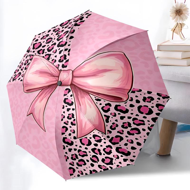 1pc Pink Leopard Print Bow Automatic Folding Umbrella Durable Iron Frame,All Seasons Home Travel Outdoor Multifunctional Umbrella yy251115172