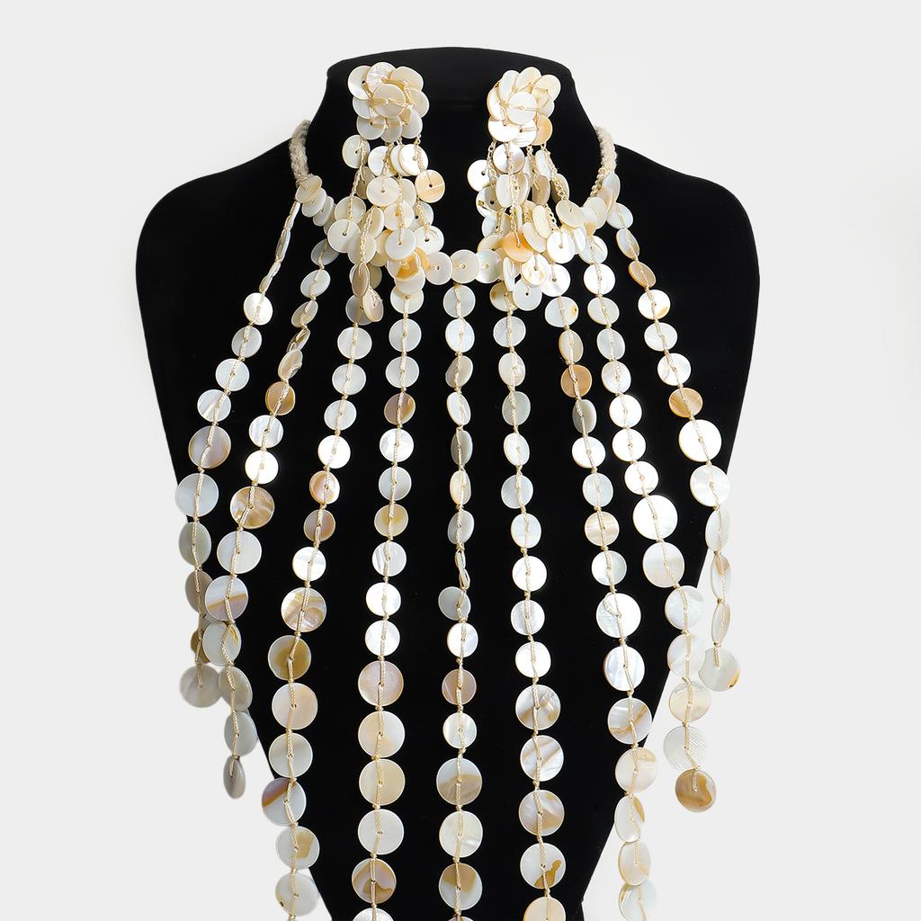 Trendy Shell Tassel Necklace Earrings Set For Women Bohemia Handmade Rope Chain Jewelry Set Summer Holiday Beach Accessory