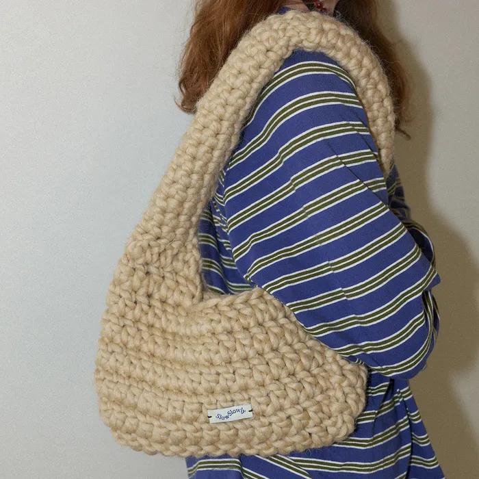 Wool 100% Handmade Crochet Shoulder Bag _ Beige