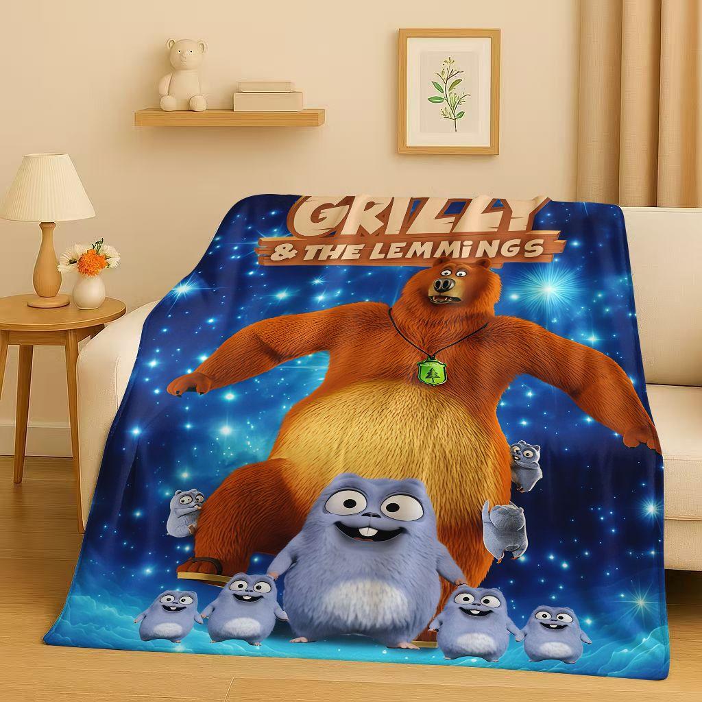 Kawaii Grizzy and The Lemmings Cartoon Flannel Blanket,Ultra Soft Warm Plush Throw for Home Bedroom Bed Sofa Cover Kids Gift
