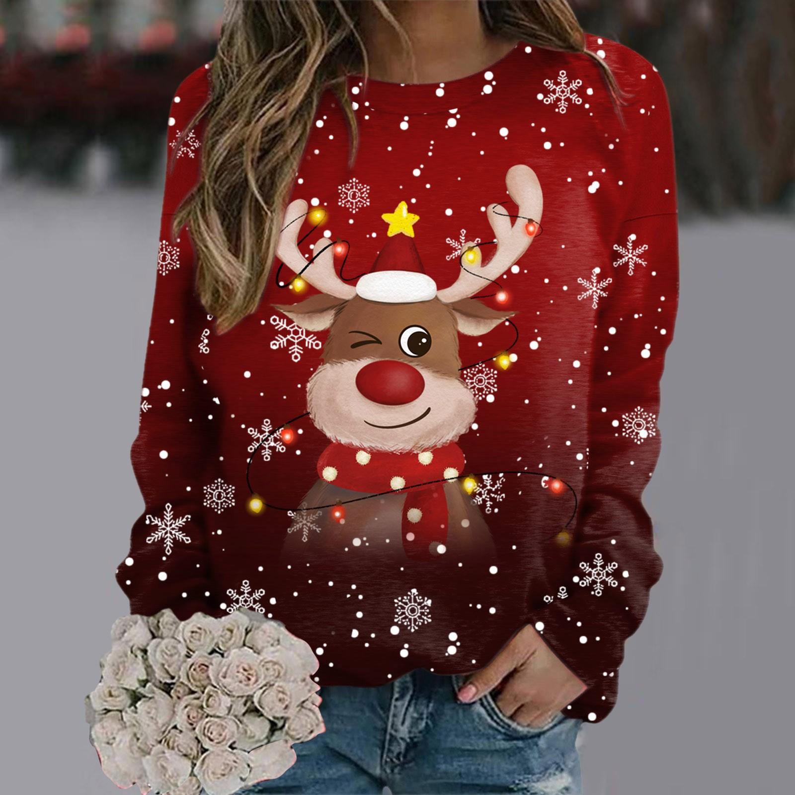 

Рождественский свитер для женщин и девочек с рисунком снежинок и оленей, длинный рукав, новогодняя толстовка с принтом L