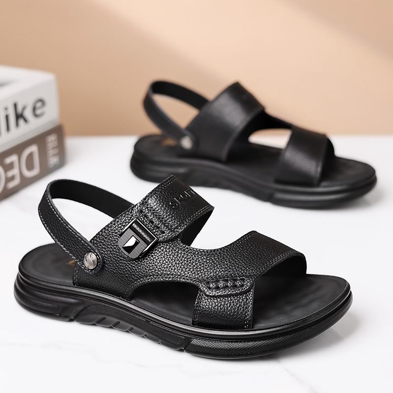 Leather sandals men's trendy first-layer cowhide beach shoes men's non-slip wear-resistant slippers soft-soled middle-aged and elderly dad shoes