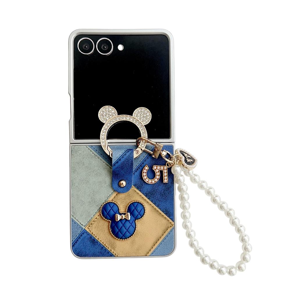 3D Silver Edged Ring Wrist Strap Retro Mouse Phone Case with Pearl Bracelet for Samsung Galaxy Z Flip 7 FE 6 5 4 3 Flip7