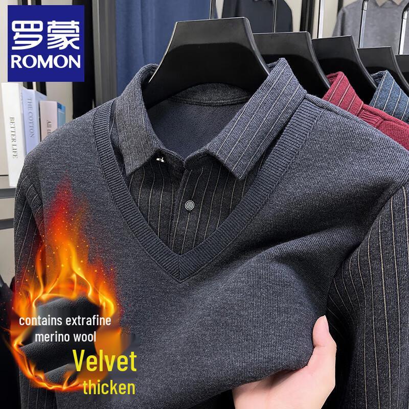 ROMON Men's Fleece-Lined Faux 2-Piece Shirt Collar Sweater