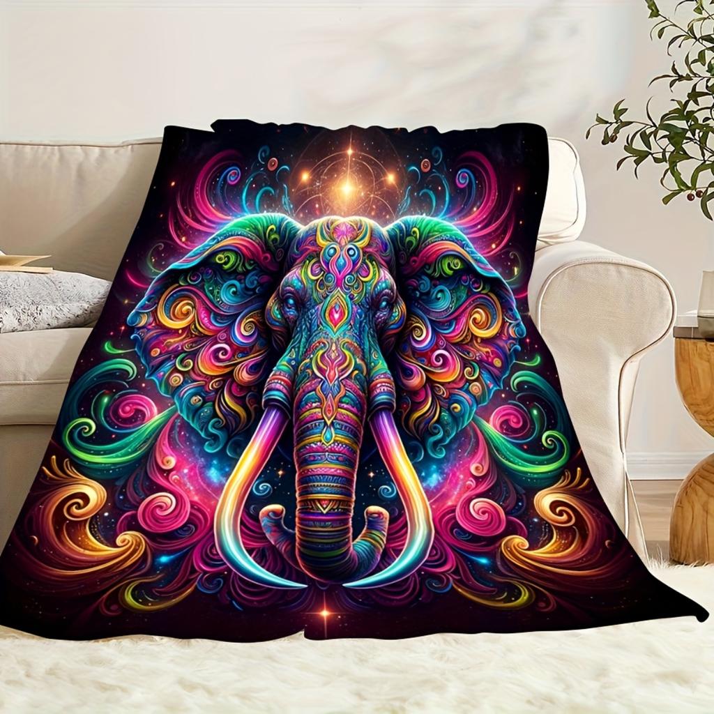 A Vintage-style, Vibrant Abstract Art Elephant-themed Flannel Blanket - Soft and Warm, Perfect for Camping, Sofas, Beds, and Cha