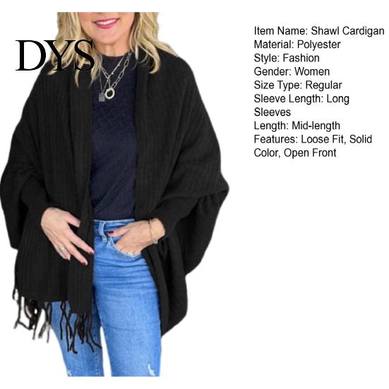 Cárdigan de Manga Murciélago para Mujer, Chal con Dobladillo Largo de Borlas, Color Sólido, Ajuste Holgado, Top Abierto por Delante, Punto de Otoño Invierno