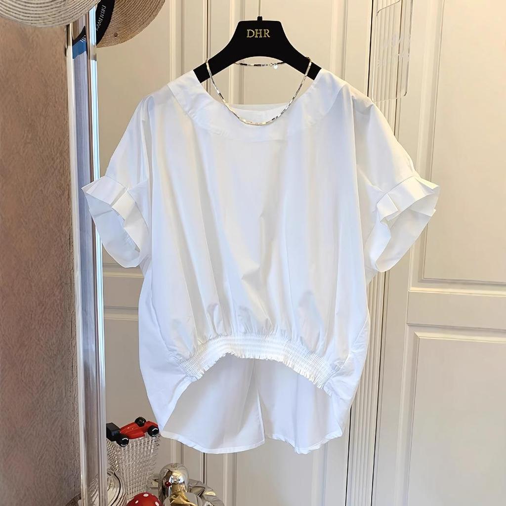 Summer High-End Designer Niche Hem Elastic Short Sleeve Women's Bow Top