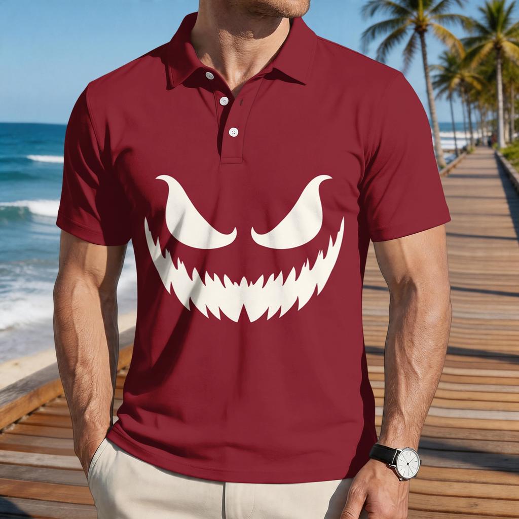 Men Halloween Print Casual Short Sleeve Shirt with Pumpkin Bat and Leaf Patterns Lightweight Button Down Top