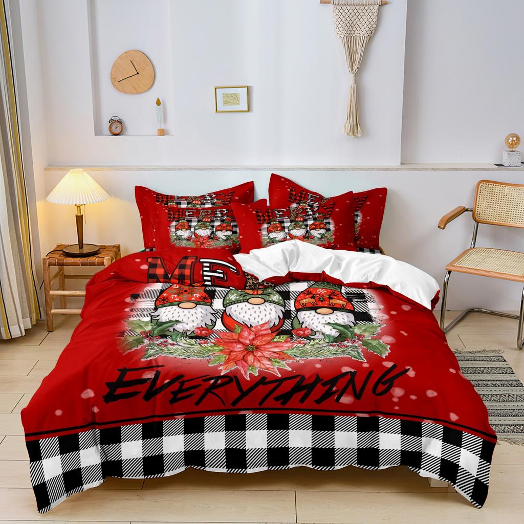 3pcs Christmas Gnome Red Truck Snowflake Tree Checkered Duvet Cover Set  All-Season Cozy Bedding Bedroom, Christmas Decorations