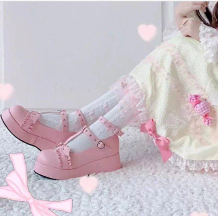 Japanische Lolita Damenschuhe mit dicker Sohle und runder Spitze: Süße Harajuku Soft Girl Lederpuppen-Schuhe