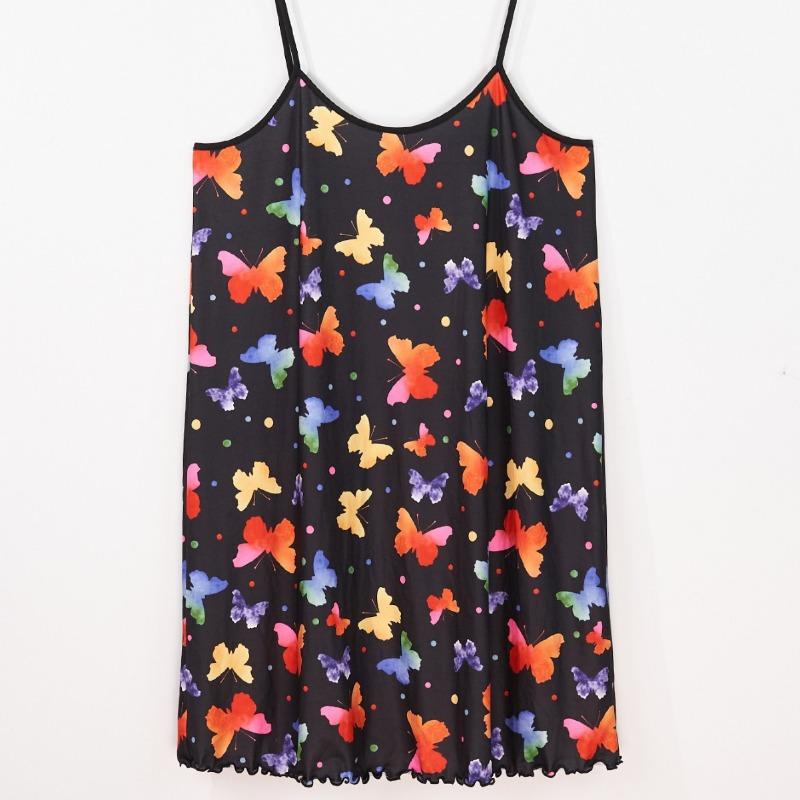 Kadın Pijama Kelebek Desenli Günlük Basit Baskılı Gecelik Elbise Ev Giyim