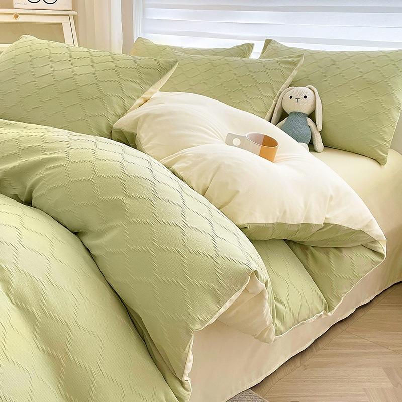 Washed Cotton Four-piece Set, Simple Bed Sheet Quilt Cover, Dormitory Pure Cotton Solid Color Three-piece Set