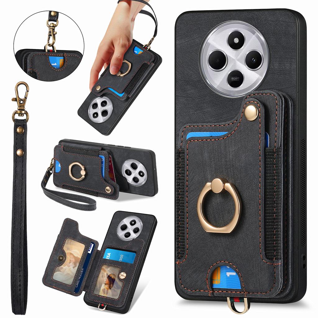 RFID Blocking Case For Xiaomi Redmi 14C 4G/14R 5G/Poco C75 4G Handbag Leather+TPU Phone Cover Card Slots,Ring Holder