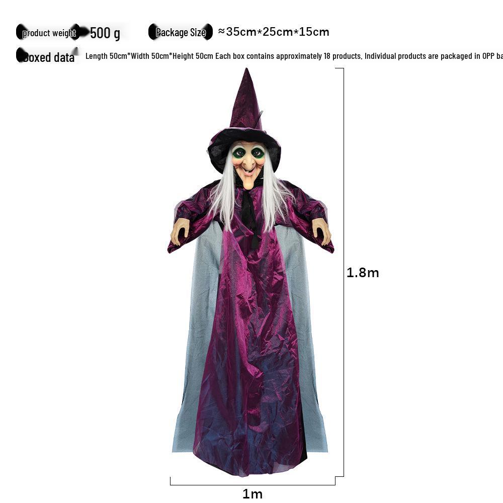 Fioletowy, aktywowany dźwiękiem, świecący, krzyczący wisiorek wiedźmy na Halloween, dekor do nawiedzonego domu