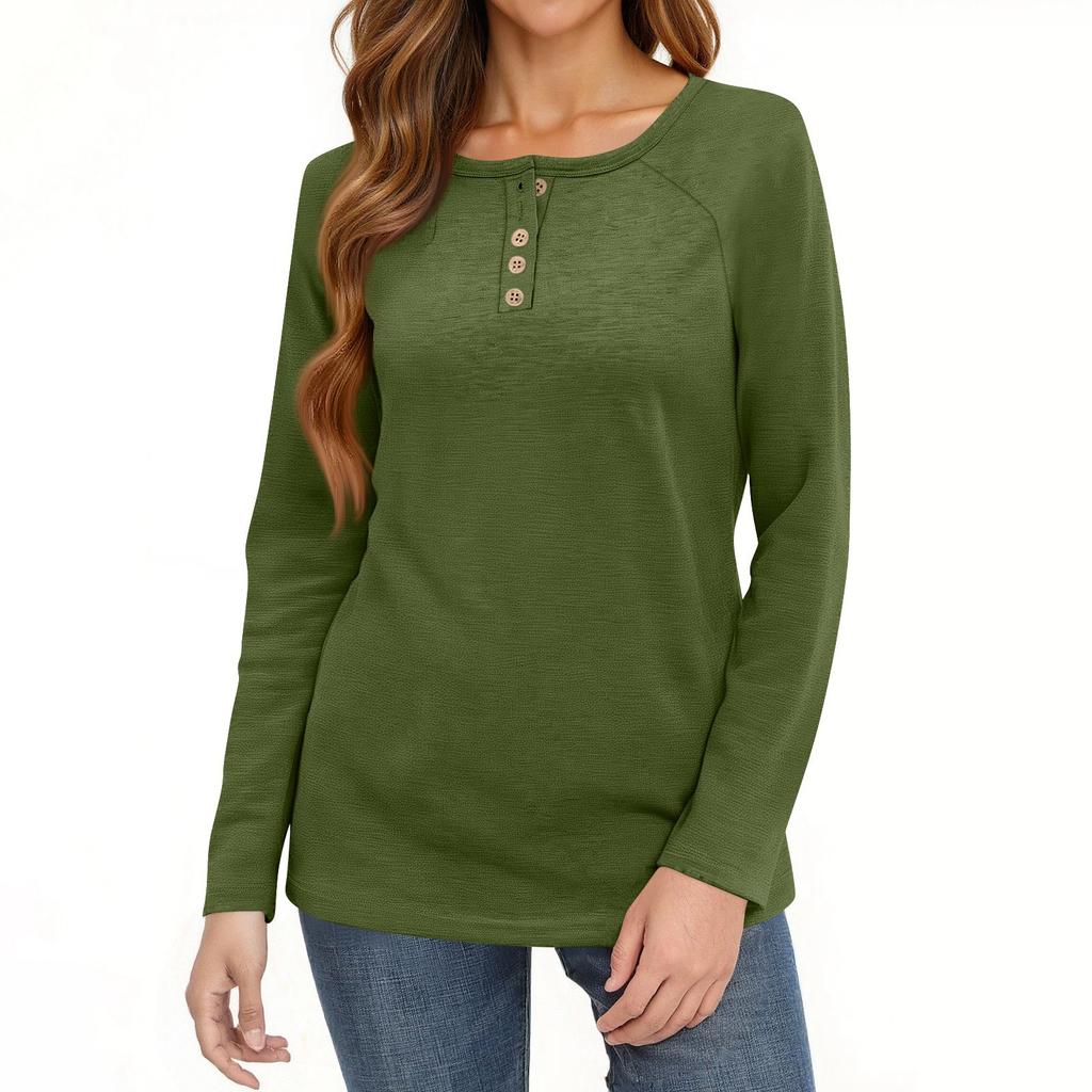 T-shirt da Donna Colore Manica Lunga Moda Quotidiana Basic Girocollo Bottone Manica Raglan Top