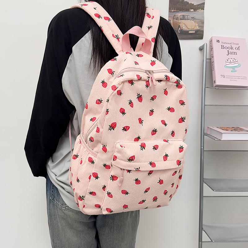 Korean Style Corduroy Strawberry Backpack for Trendy College Girls