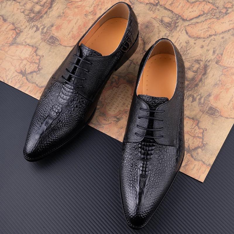Fashion Fashion Male Derby Dress Leather Shoes Party Printing Luxury Zapatos De Hombre Genuine Leather Oxfords Shoes Black Lace Up Daily
