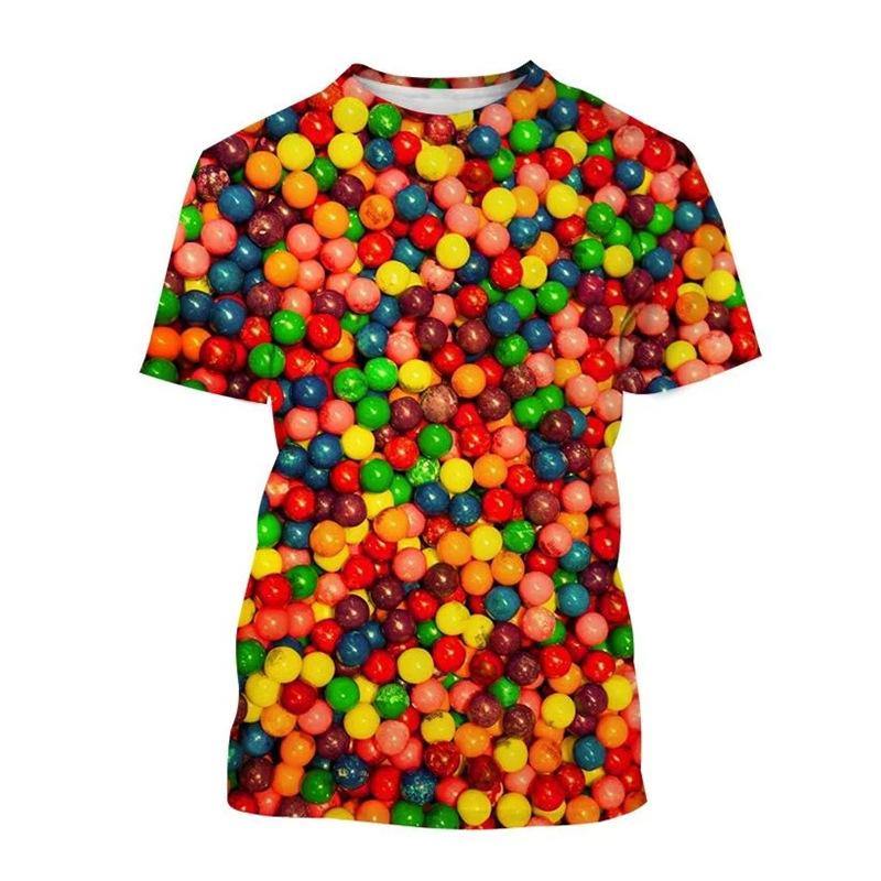 Candy 3D Printed Short Sleeved T-shirt Summer Breathable Polyester Simple Round Neck Top