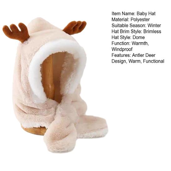 Baby Hat Winter Warm Thickened Plush Antler Design Windproof Temperature-Locking Soft Baby Outdoor Cap
