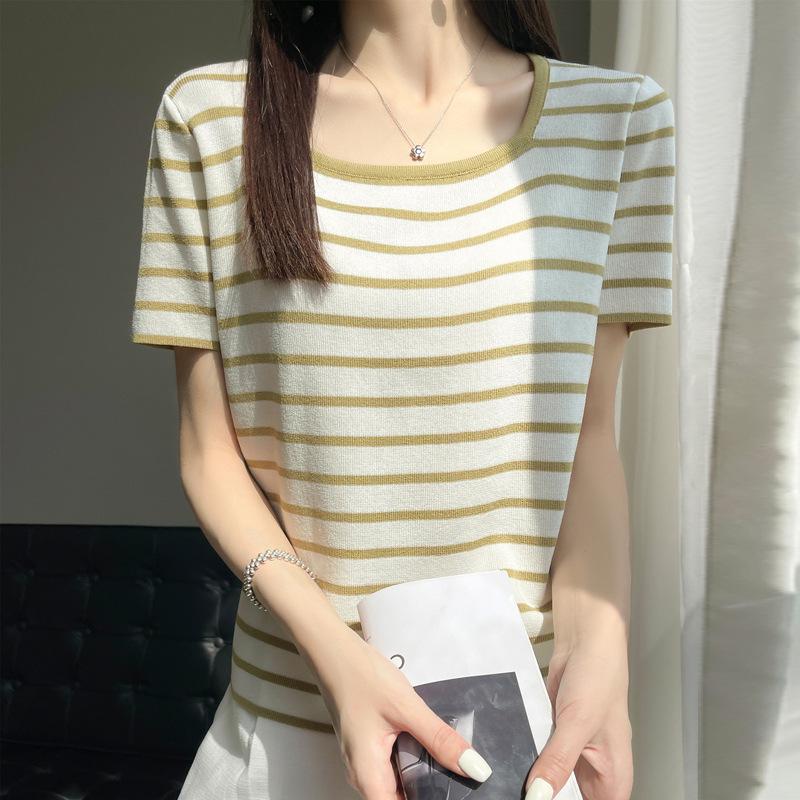 

Striped Knitted Sweater Short-sleeved Women s Summer New Loose Fashion Versatile Bottoming Top S білий