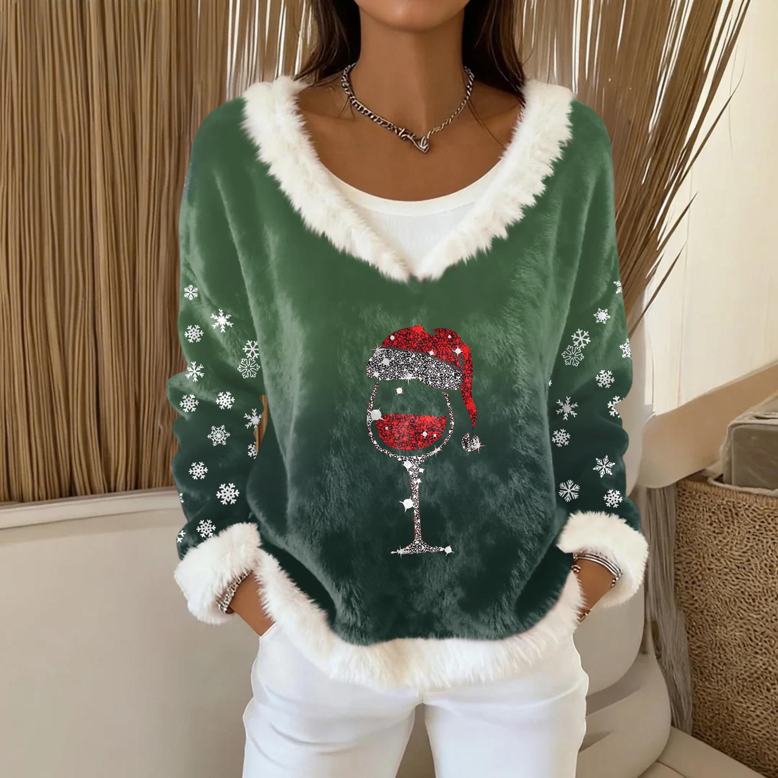 

Women s Fashion Plush V Neck Pullover Top Long Sleeve Tee Christmas Printed Sweatshirt L зелёный