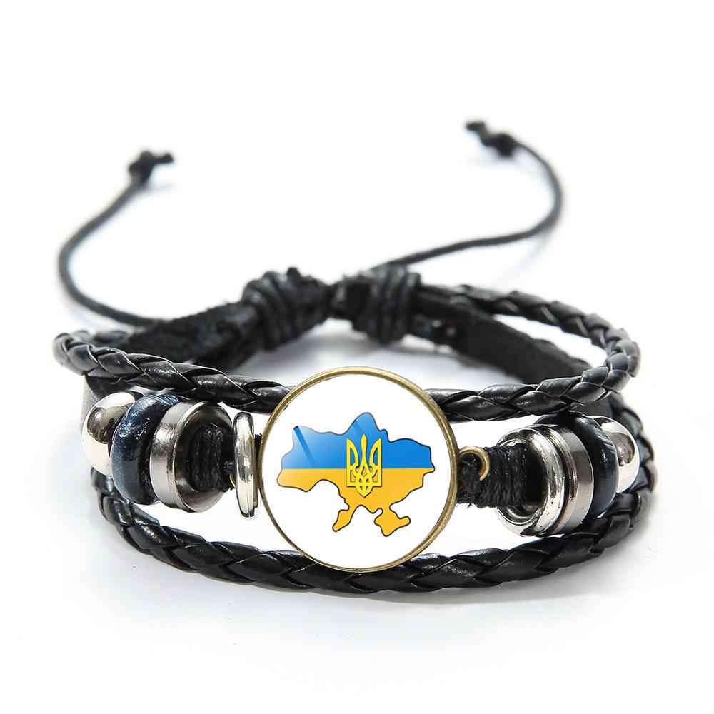 Ukrainian Flag Glass Charm Bracelet Blue Yellow Trident Graphic Vintage Handmade Woven Leather Beaded Bracelet