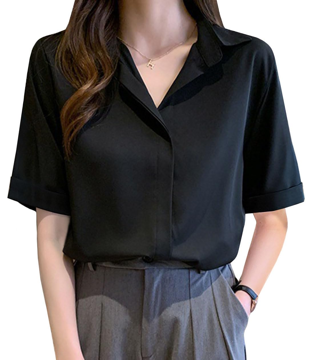 

Рубашки для маленьких больших размеров [EASTEMPO] Женские, Блузки, Рукава, Лето, Стильные, Повседневные, Рукава 5/8, Офис, Формальные, Чистые, (2XL, черный) чёрный