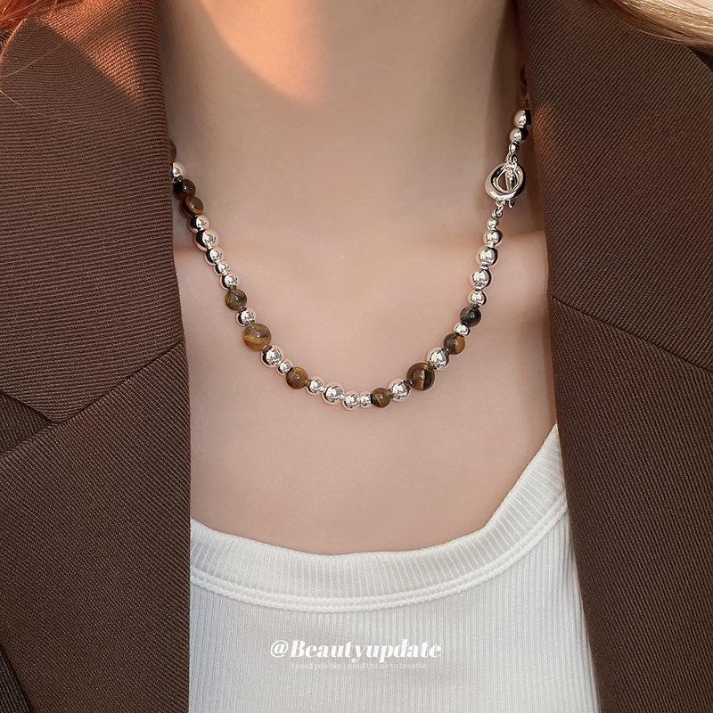 Retro Tiger Eye & Pearl Clavicle Necklace - Autumn/Winter Y2K Style