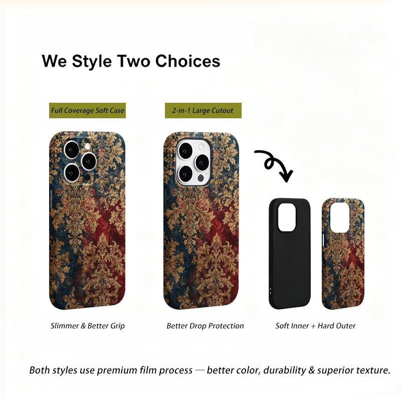 Heritage Rococo Damask Motif Art Graphic Film Aesthetic Protective Shockproof Bumper Case Cover For iPhone 14 15 16 Pro Max Plus