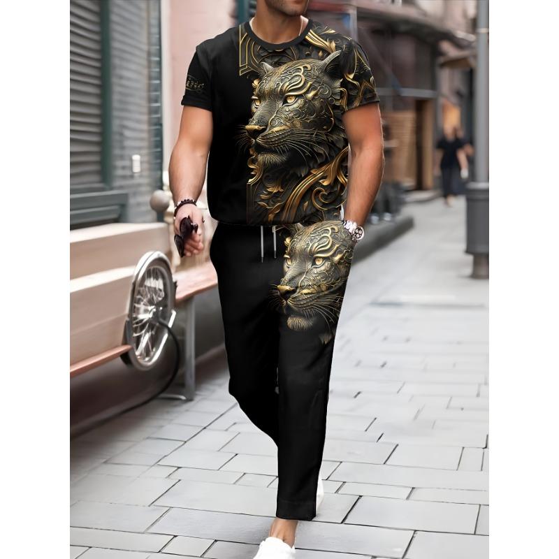 2D Printing Men'S Casual Fashion Sports Lion Print Round Neck Short Sleeve Long Pants Set