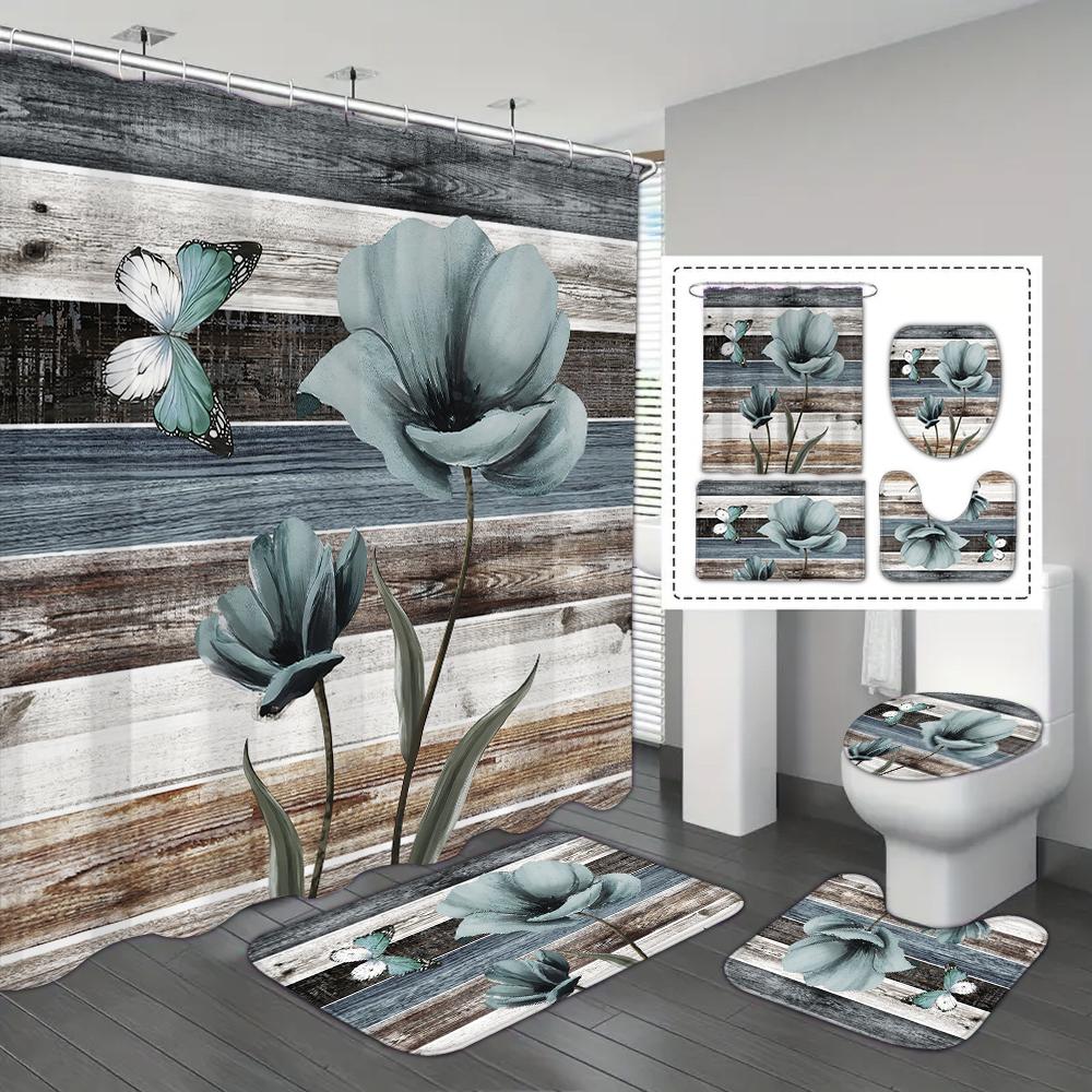 4-piece Set of Blue White Jade Orchid Waterproof Printed Shower Curtains with 12 Hooks, Bathroom Floor Mats