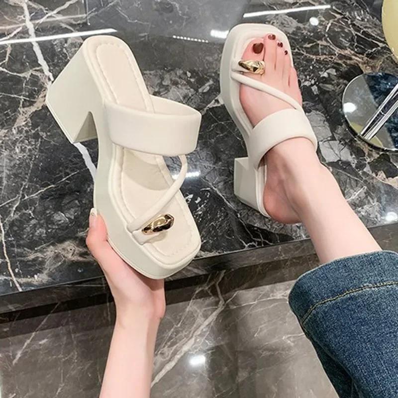 High Heels Women Slipper 2024 Summer Square Toe Woman Platform Sandales Women's Pumps Party Shoes Casual Black Sandalias Luxury