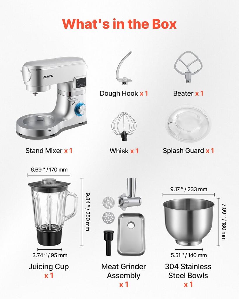 Küchenmaschine, 5,7 L Elektrische Küchenmaschine, 1500W Teigkneter, 6+P Geschwindigkeiten Kippkopf Lebensmittel-Mixer mit 1,5 L Mixbecher, Edelstahlschüssel, Teig