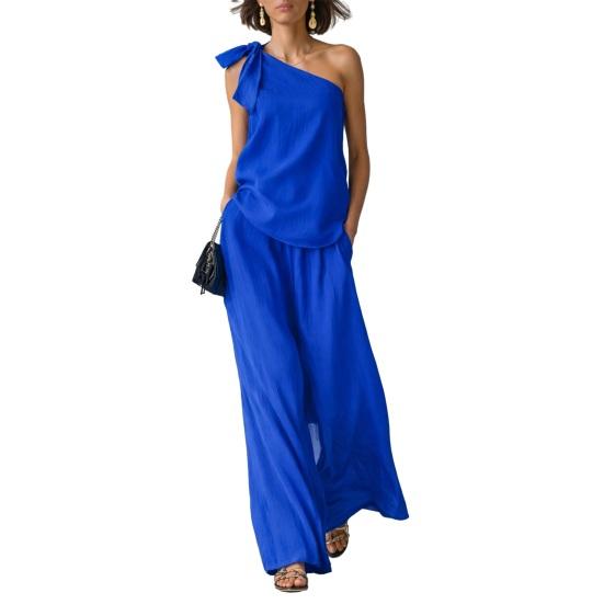 2-teilige Outfits für Damen Sommer One-Shoulder Ärmelloses Oberteil und Weitbeinige Hose Passendes Lounge-Set mit Taschen