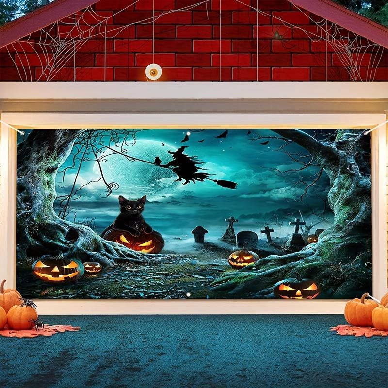 A Halloween garage door polyester banner decoration with a witch and ghost theme a festive party wall decoration