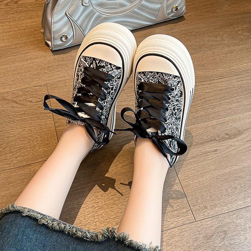 New Chinese Style National Tide Style Embroidery Printed Canvas Shoes Women's Spring and Summer European Goods Thick-soled Heightening Dad Sports Litt